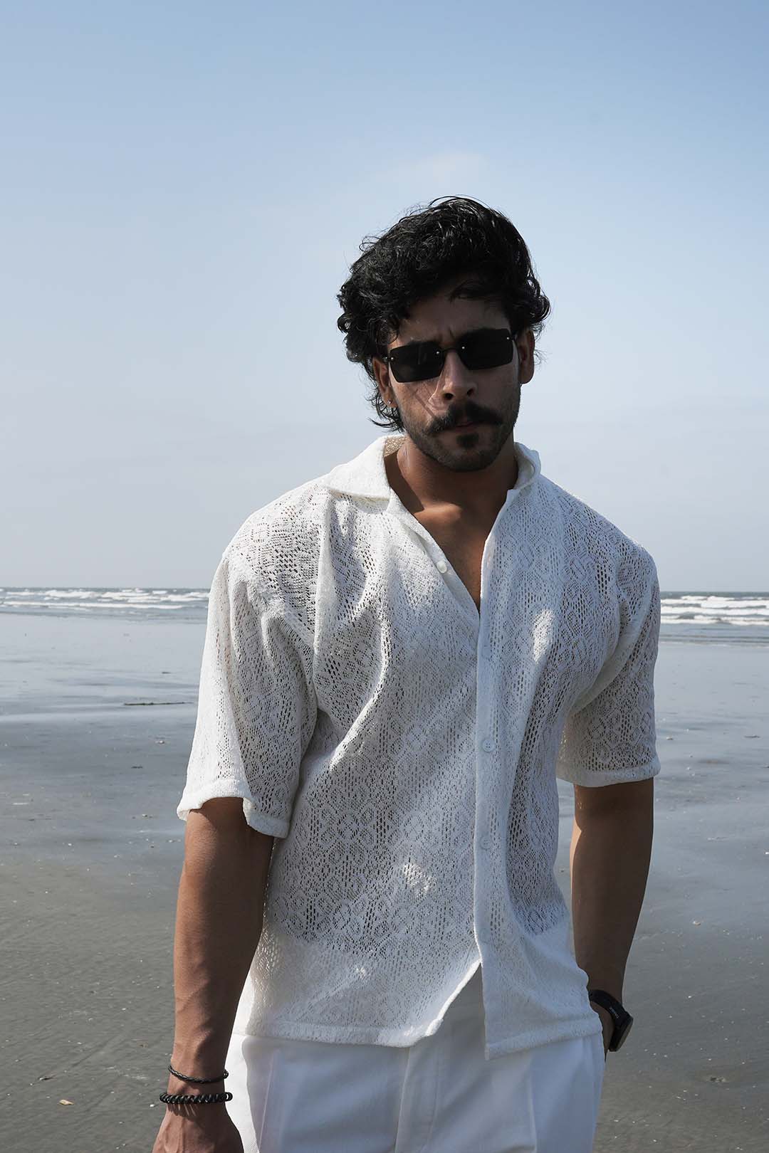 White Crochet Knit Button Down