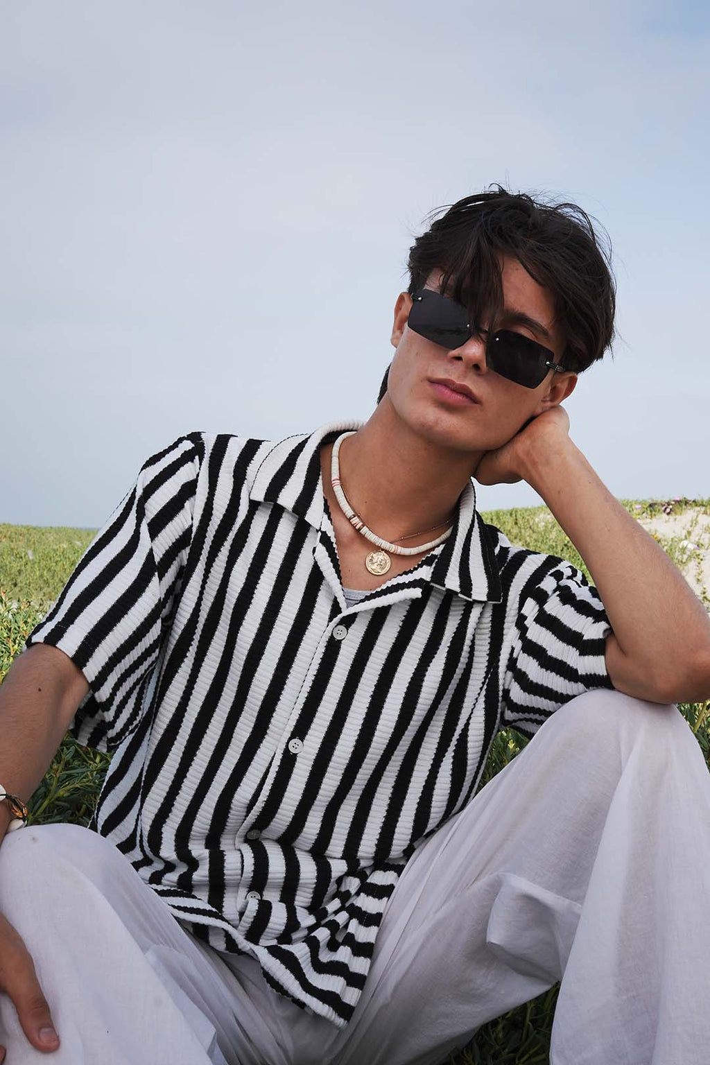 Black & White Textured Stripe Button Down