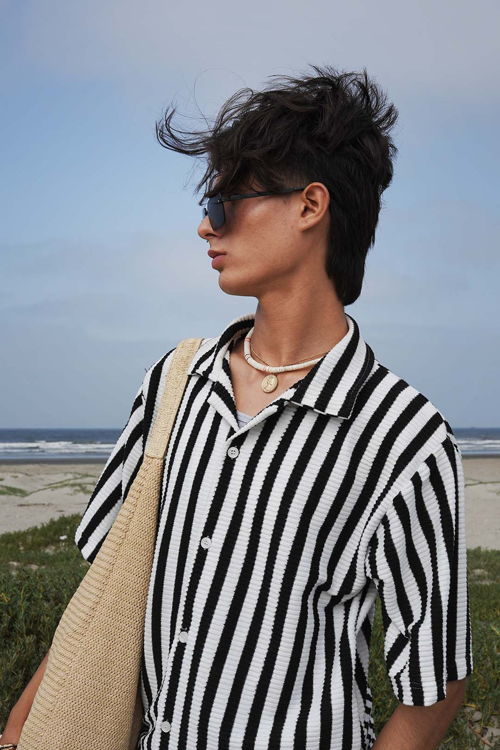 Black & White Textured Stripe Button Down