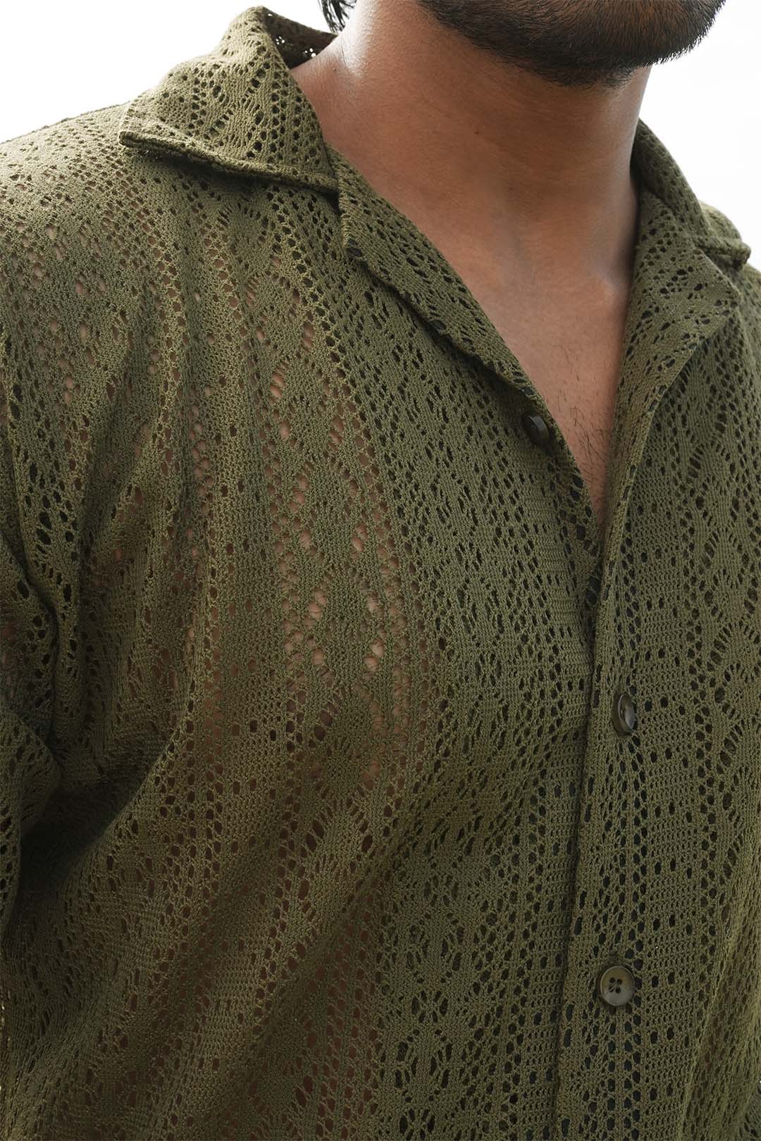 Olive Green Crochet Knit Summer Button Down
