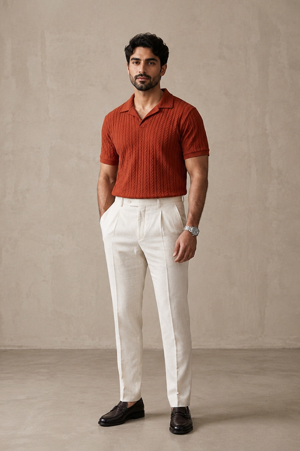Rust Textured Knit Polo Shirt – Premium Summer Essential