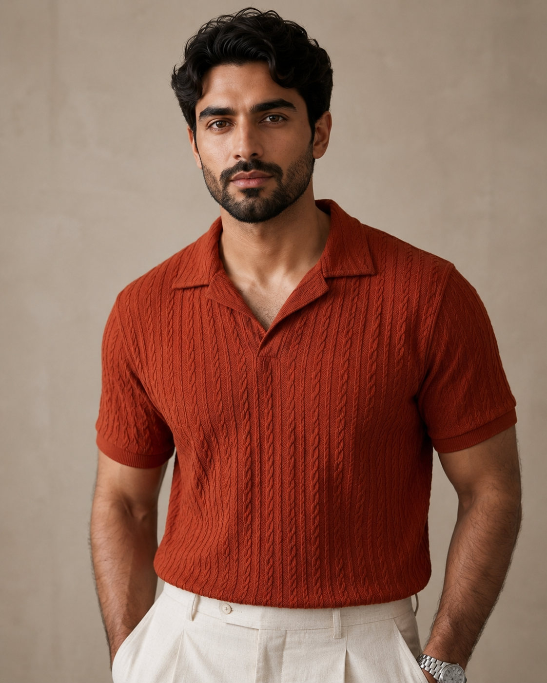 Rust Textured Knit Polo Shirt – Premium Summer Essential