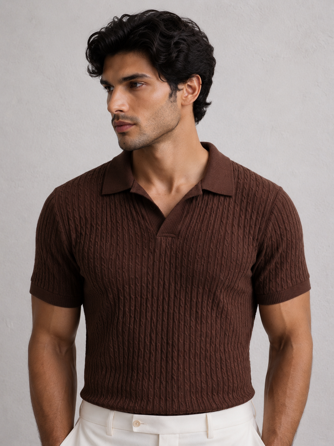 Chocolate Brown Ribbed Knit Polo – Minimal Luxury Edition