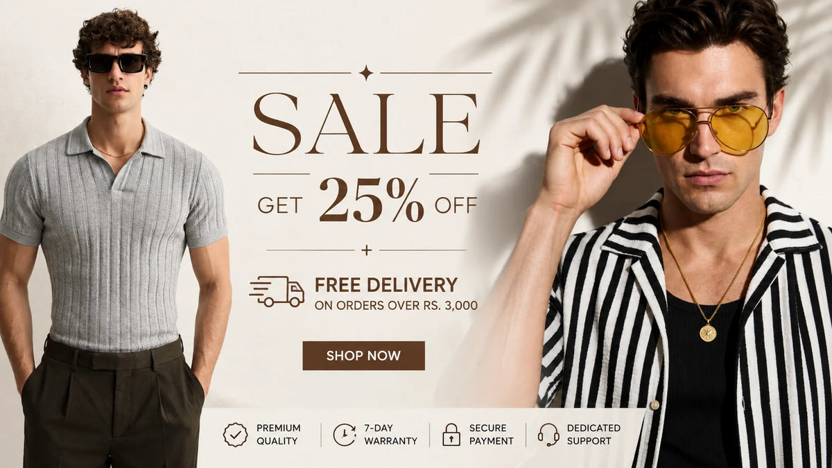 Promotional banner for sunglasses featuring two male models. The left model wears black sunglasses with a gray striped polo shirt, and the right model wears yellow-tinted aviator sunglasses with a black and white striped blazer.