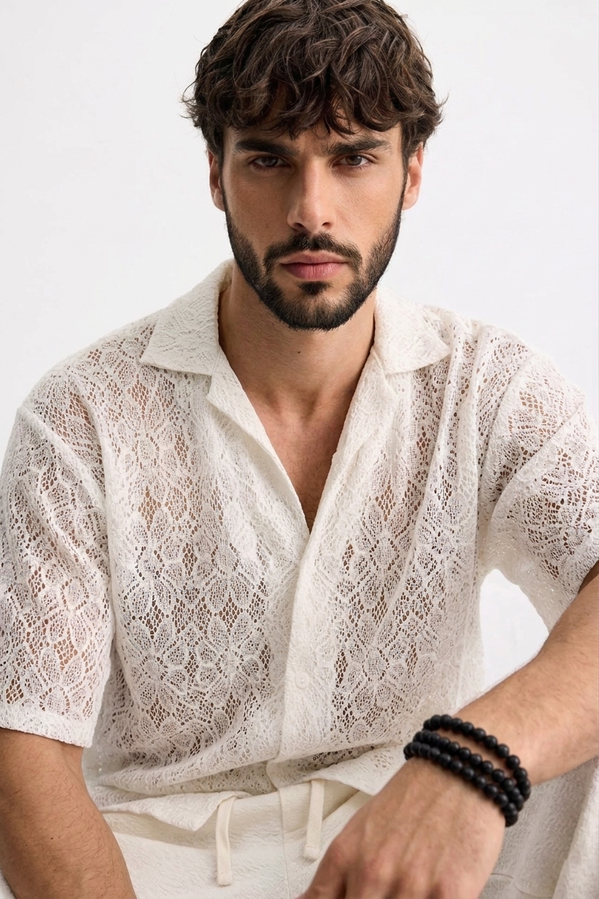 White Crochet Knit Button Down