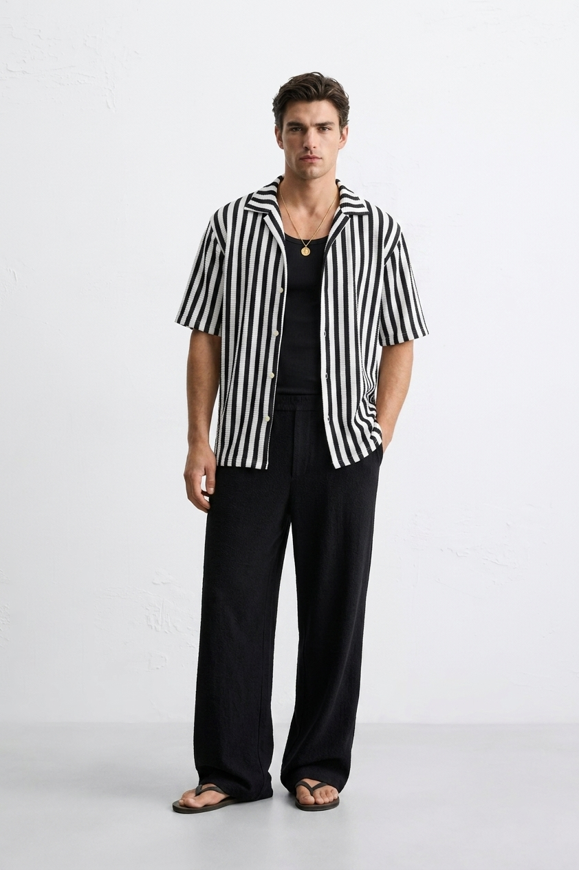 Black & White Textured Stripe Button Down