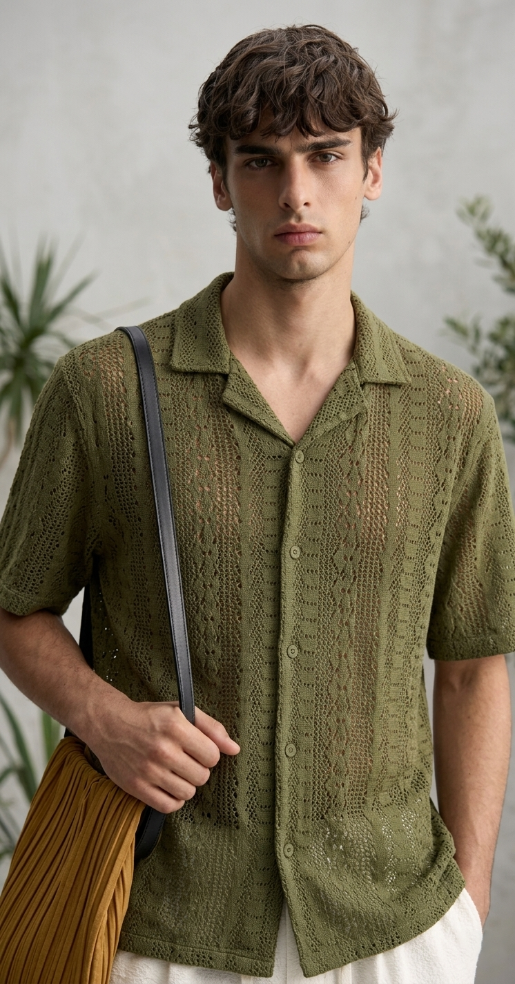 Olive Green Crochet Knit Summer Button Down