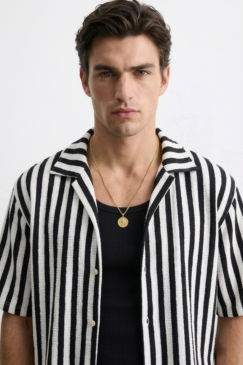 Black & White Textured Stripe Button Down
