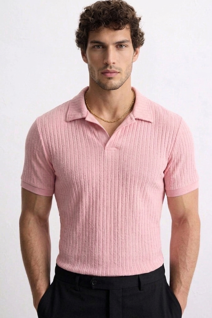 Pink Textured knit Polo