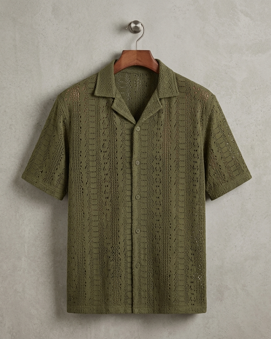 Olive Green Crochet Knit Summer Button Down