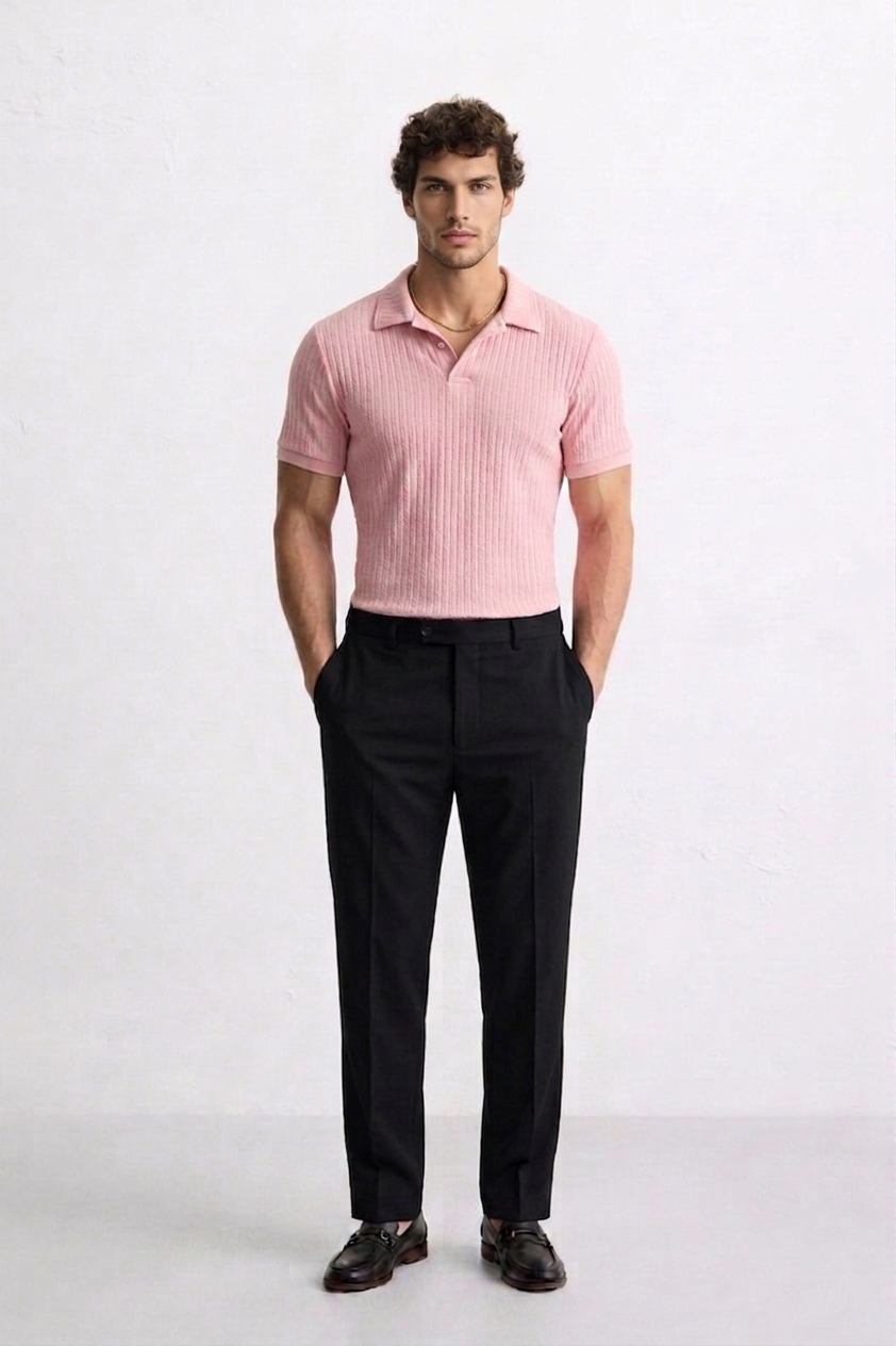 Pink Textured knit Polo