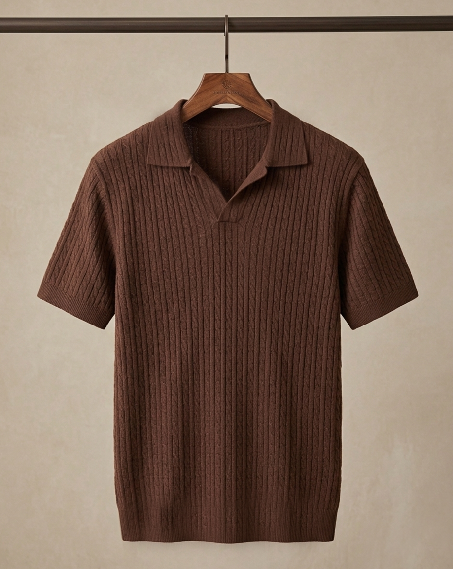 Chocolate Brown Ribbed Knit Polo – Minimal Luxury Edition