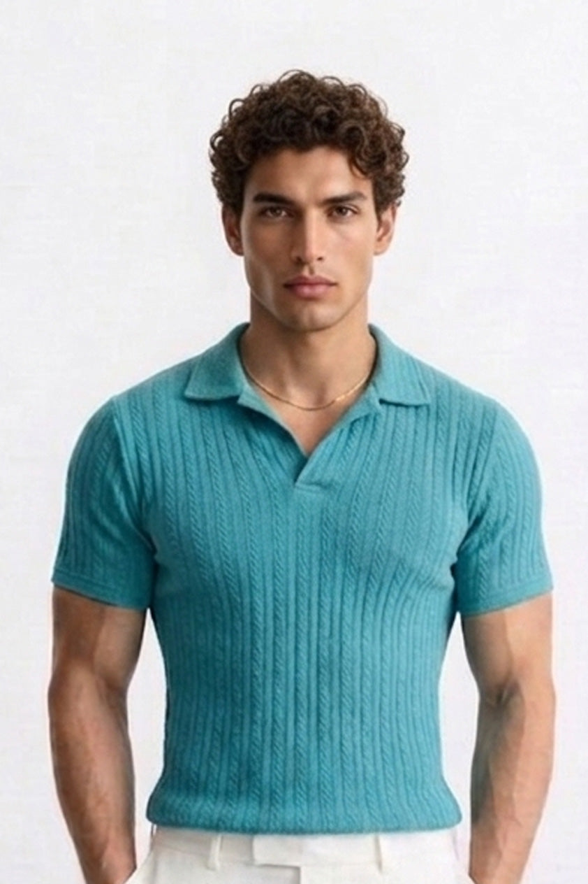 Blue Textured Knit Polo