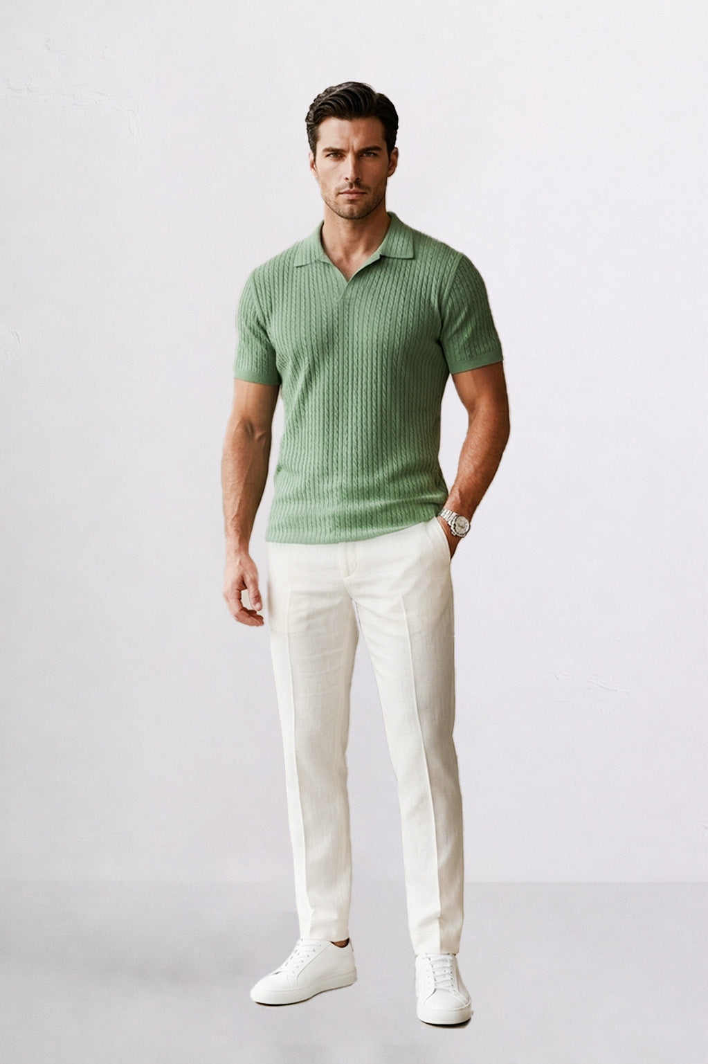 Sage Green Textured Knit Polo – Summer Luxury Essential